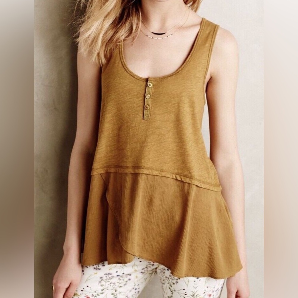Anthropologie little yellow button mustard yellow Henley flowy bottom tank top